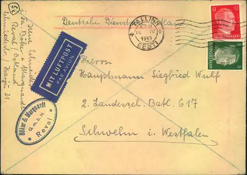 1943, Privatbrief ""Deutsche Dienstpost Ostland"" ab TALLINN, Estland per Luftpost. Seltene 17 Pfg. Frankatur.