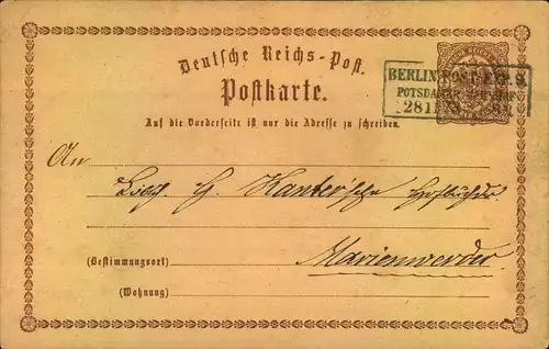 1873, 1/2 Grohscne Ganzsachenkarte mit Ra3 BERLIN: POST-EXP: 9 POTSDAMER BAHNHOF.