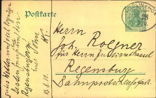 1910, Postkarte, 5 Pfg. Germania Bahnpost BERLIN - HOF