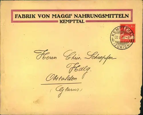 1915, 10 Rp Privatumschlag der Firma ""MAGGI; kemptal"", leichte Mängel.