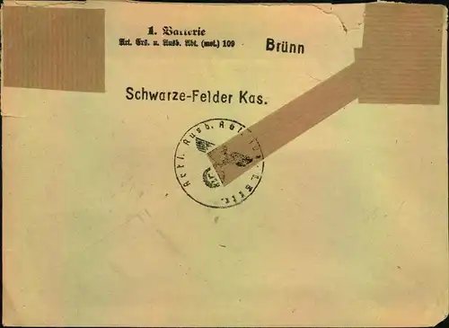 1943, Einschreiben ab BRÜNN ""über Deutsche Dienstpost Böhmen und Mähren"" nach Wien. Absenderstempel ""Schwarze-Felder