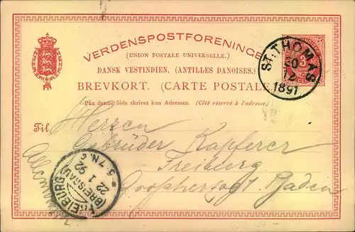 1891/92, 3 Öre stationery card with clear strike ""ST. THOMAS 20 12 1891"" to Freiburg (Breisgau). With extensive text.