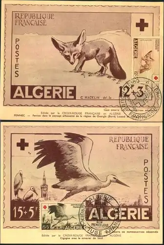 1957, CROIX ROUGE; RED CROSS; ROTES KREUZ - Algerien, fox, Fuchs, Renard, stork, Storch, Cigne - Maxi card