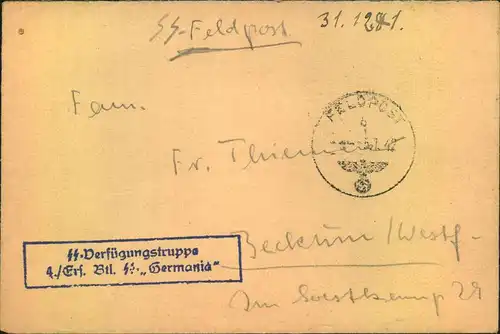 1940, Feldpostbrief ""SS-Verfügungstruppe 4. Ers. Btl. ""Germania""