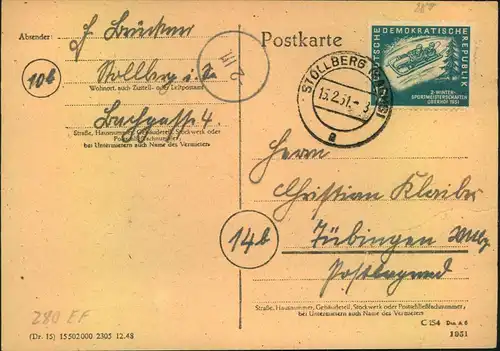 1951, 12Pfg.Wintersport als EF auf Postkarte ab STOLLBERG (SACHSEN).