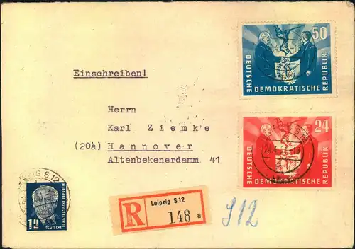 1951, Deutsch-Polnische Freundcshaft komplette mit Zusatzfrankatur auf portogerechtem Einschreiben ab LEIPZIG S 12