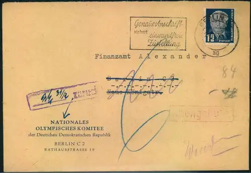 1954, Brief mit eingedrucktem Absender NATIONALES OLYMPISCHES KOMITEE DER DDR. Nachgebühr.