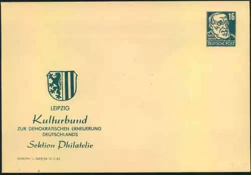 1953, Privatngsanzsache 16 Pfg. Köpfe mit Zudruck Kulturbund. Suaber ungebraucht.