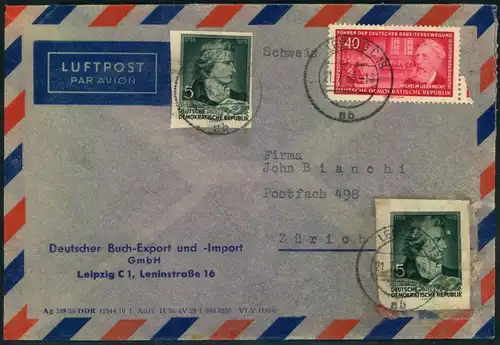 1956, Luftpostbrief mit 2-mal 5 Pfg. Schiller aud Block 12 und 40 Pfg. Liebknecht. Spuren aber seltener.