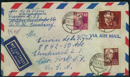 1951, Luftpostbrief ab (13a) DRESDEN N 23 l 18.7.51 nach New York.