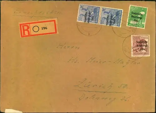 1949, portogerechtes Einschreiben 41-60 Gramm ab ""Â… (BZ. LEIPZIG)"" nach Zürich.
