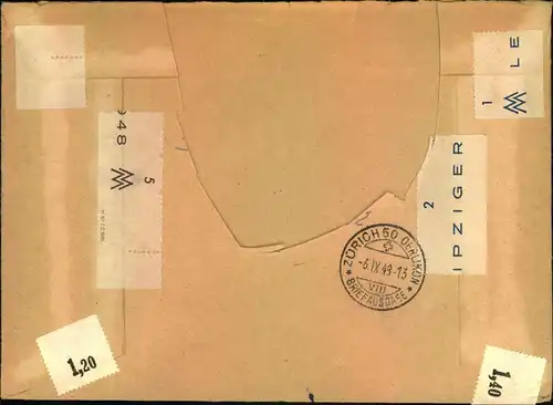 1949, portogerechtes Einschreiben 41-60 Gramm ab ""Â… (BZ. LEIPZIG)"" nach Zürich.