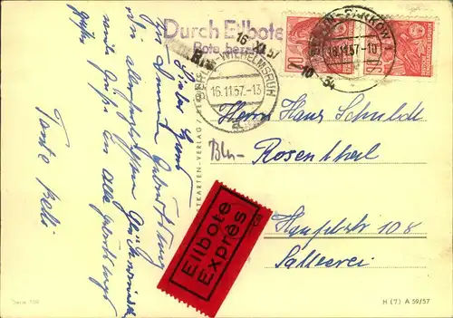 1957, Eilbotenkarte mit senkrechtem Paar 5 Jahresplan ab BELRIN-PANKOW nach Berlin-Wilhemsruh.