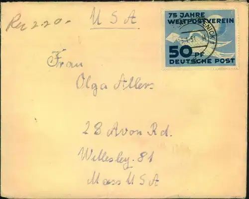 1951, 50 Jahre UPU als EF auf Brief ab BERLIN-KÖPENICK 1 - 15.1.51 nach USA.