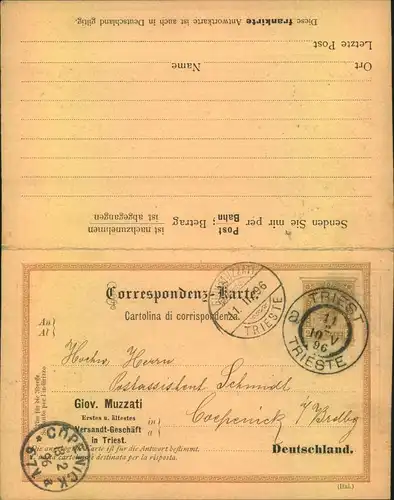 1896, 2 Kreuzer Doppelkarte mit privaten Zudruck ""Giov. Muzzati in Triest"" gelaufen ab TRIEST nach Cöpenick (Berlin).