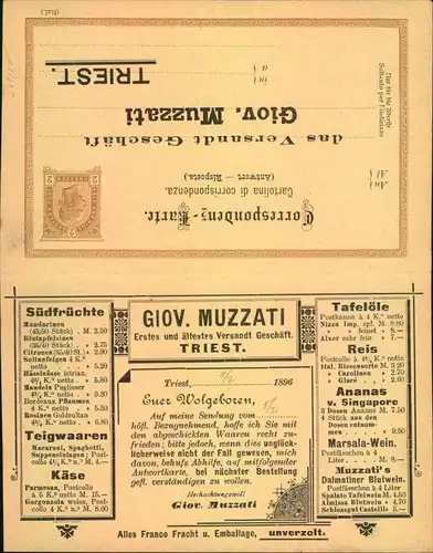 1896, 2 Kreuzer Doppelkarte mit privaten Zudruck ""Giov. Muzzati in Triest"" gelaufen ab TRIEST nach Cöpenick (Berlin).
