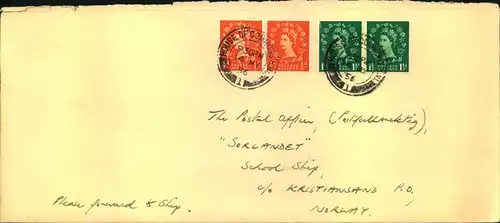 1956, letter sent by a member of the House of Commons to Norway with corresponding postmark, envelope with seal and lett