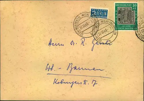 1949, 10 Pfg. ""100 Jahre Deutsche Briefmarken"" als EF auf Ortsbrief (22a) WUPPERTAL-WICHLINGHAUSEN