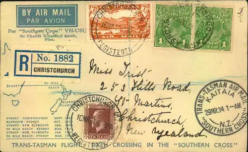 1934, TRANS-TASMAN AIR MAIL KAITAIA registered from Christchurch to Sydney.