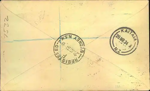1934, TRANS-TASMAN AIR MAIL KAITAIA registered from Christchurch to Sydney.