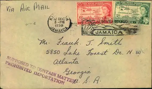 1958, Incomig mail from KINGSTON, Jamaica with ""Supposed to contain matter prohibited Importation"".