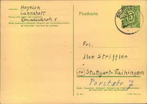1946, sehr seltene 5 Pfg. Orts-Ganzsachenkarte bedarfsverwendet von STUTTGART 1 - 21.1.46 nach Stuttgart-Vaihingen.