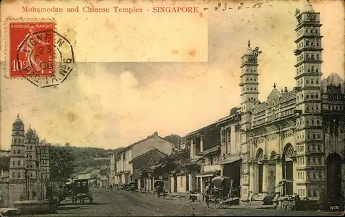 1908, picture card of Singapore with shipmark LIGNE N PAQ. TR. No. 6 sent to Bordeaux. Some stains.