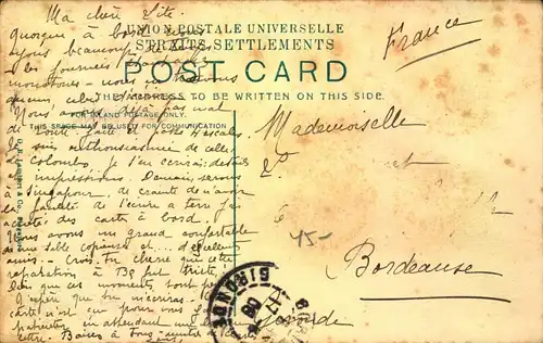 1908, picture card of Singapore with shipmark LIGNE N PAQ. TR. No. 6 sent to Bordeaux. Some stains.