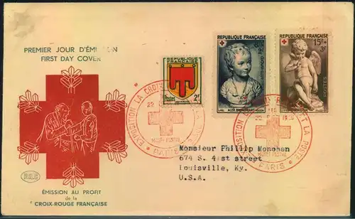 1950, Rotes Kreuz mit Ersttagssonderstempel und 2 Fr. Zusatzfrankatur auf FDC nach USA.