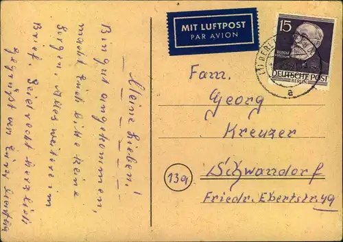 1953, Luftpostkarte ab BERLIN-SPANDAU frankiert mit 15 Pfg. Virchow nach Schwandorf. Michel 220,-