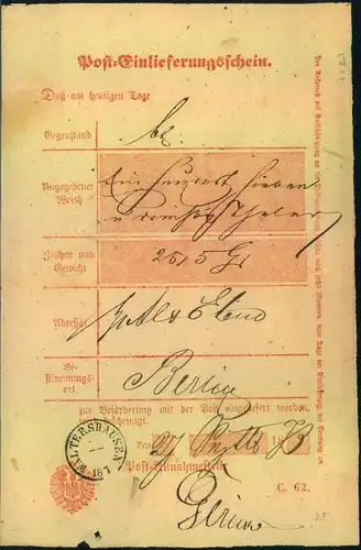 1873, WALTERSHAUSEN, kleiner K1 ohne Monat und Tag auf Postschein.