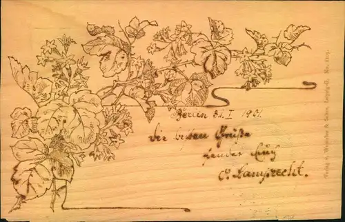 Echtholz Postkarte mit Blumenranke gelaufen 1901 ab BERLIN W 55