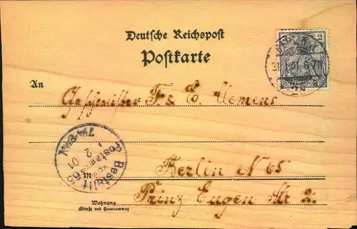 Echtholz Postkarte mit Blumenranke gelaufen 1901 ab BERLIN W 55