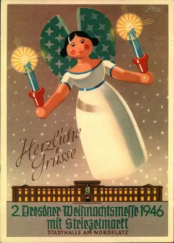 1947, ""DRESDEN N 15, WEIHNACHTSMESSE 1947"" seltenerer Sonderstempel auf dekorativer Sonderkarte.