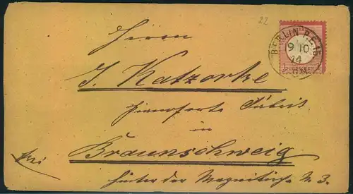 1874, 9.10., BERLIN P.E. 15 auf Fernbrief nach Braunschweig.