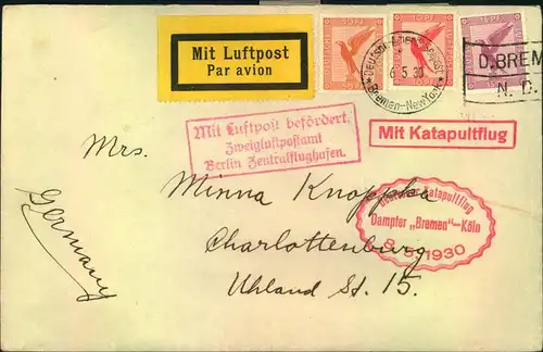 1930, Dampfer ""Bremen - Köln"" Katapultflug entwertet mit""Deutsche Seepost Bremen-New York 6.5.30"" mit Luftpostbestät
