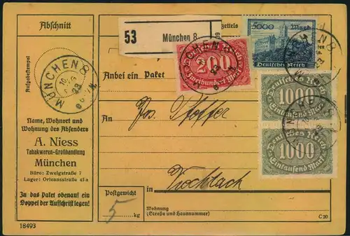 1923, seltene, komplette Paketkarte mit nur vorderseitiger Frankatur ab MÜNCHEN 8 - 10 AUG 23, Geprüft Infla.