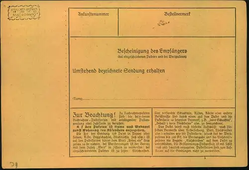 1923, seltene, komplette Paketkarte mit nur vorderseitiger Frankatur ab MÜNCHEN 8 - 10 AUG 23, Geprüft Infla.