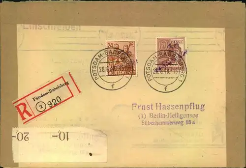 1948, ""36 Potsdam-Babelsberg"" Einschreiben mit 24 und 60 Pfg. mit violettem Aufdruck (schabloniert, beide Handbuch Typ