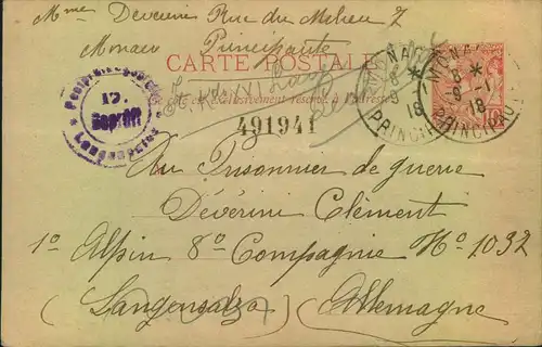 1918, 10 C. stat. Card from MONACO to  P.O.W. in Lager Langensalza. Card with vertical bend. Very scarce.