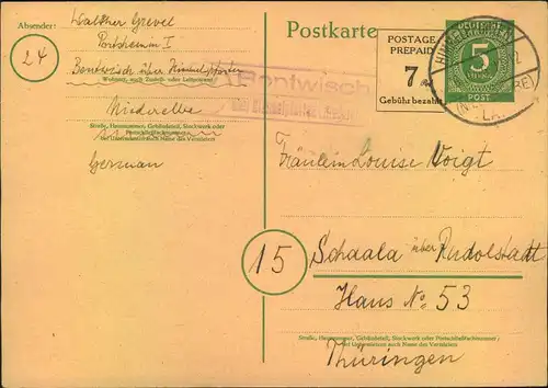 1946, 5 Pfg. Ganzsachenkarte mit Zudruck ""POSTAGE PREPAIS 7 Pfg"" bedarfsgebraucht ab HIMMELPFORTEN mit PSt II-Stempel.