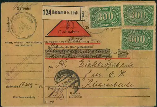 1923, frankierte komplette Paketkarte mit insgesamt 12 Marken, davon 3-mal 300 M Querformat vorder- und rückseitig ab HÖ