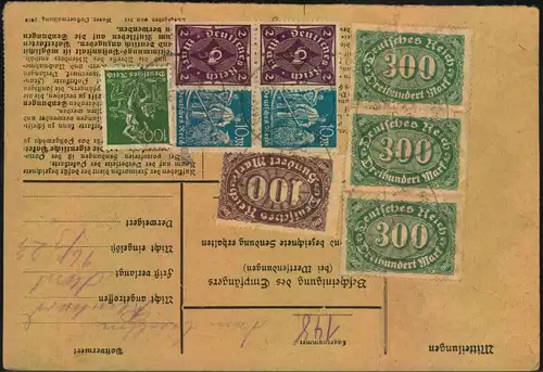 1923, frankierte komplette Paketkarte mit insgesamt 12 Marken, davon 3-mal 300 M Querformat vorder- und rückseitig ab HÖ