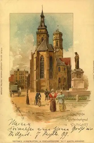 1899, STUTTGART Stadtkirche und Schillerdenkmal, gelaufen