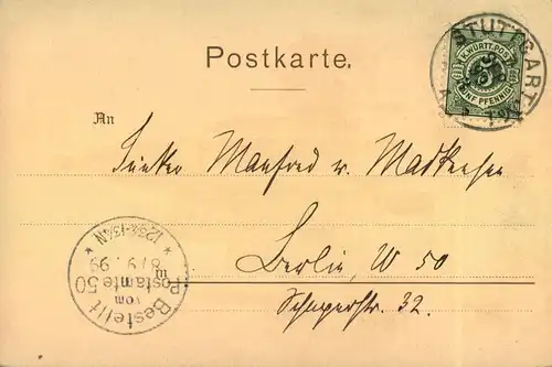 1899, STUTTGART Stadtkirche und Schillerdenkmal, gelaufen