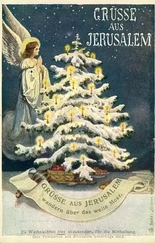 GRÜSSE AUS JERUSALEM mit Engel und Weihnachtsbaum. Sauber ungebraucht, österreichischer Vordruck