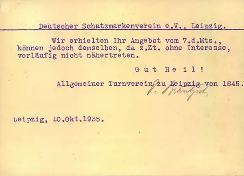 1935, Ortspostkarte "Allgemeiner Turnverein zu Leipzig von 1845"