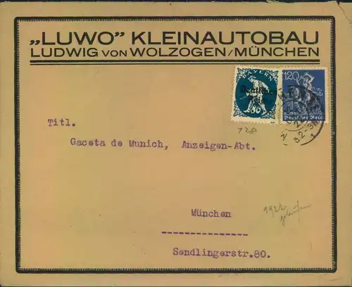 1922, Werbeumschlag"LUWO KLEINAUTOBAU", München, fertigte 2 Kleinwagen (small cars) zwischen 1921/1924 advertisement,
