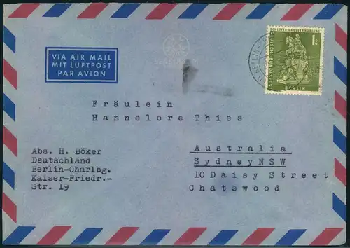 1958, 1 DM Großer Kurfürst als EF auf Luftpostbrief von BERLIN-CHARLOTTENBURG 5 nach Australien.
