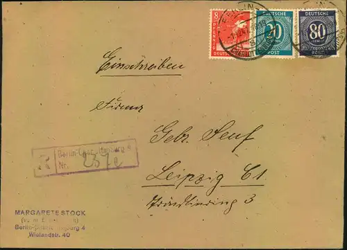 1947, Einschreiben mit seltenem R-Stempel ""Berlin-Charlottenburg 4"". Dieser Stempel wurde nur von September bis Dezemb